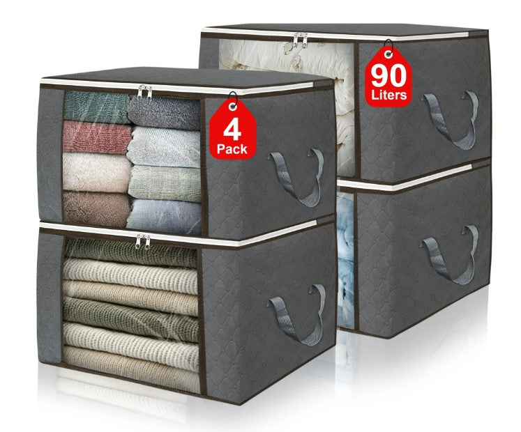 Closet Organizers and Sturdy Storage Bags with Clear Window 4PCS 90L Large Capacity Clothing Comforters Storage Bags for Clothes, Blankets, Bedroom