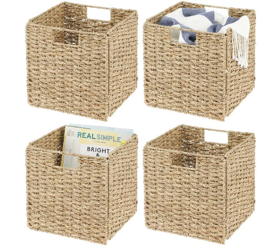 mDesign Seagrass Woven Cube Bin Basket Organizer, Handles